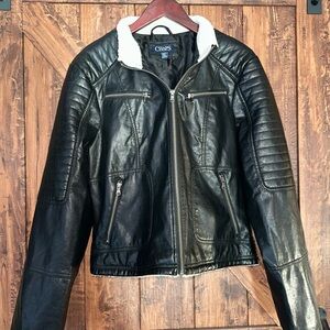 Chaps Black Leather Jacket with Cream Shearling Collar